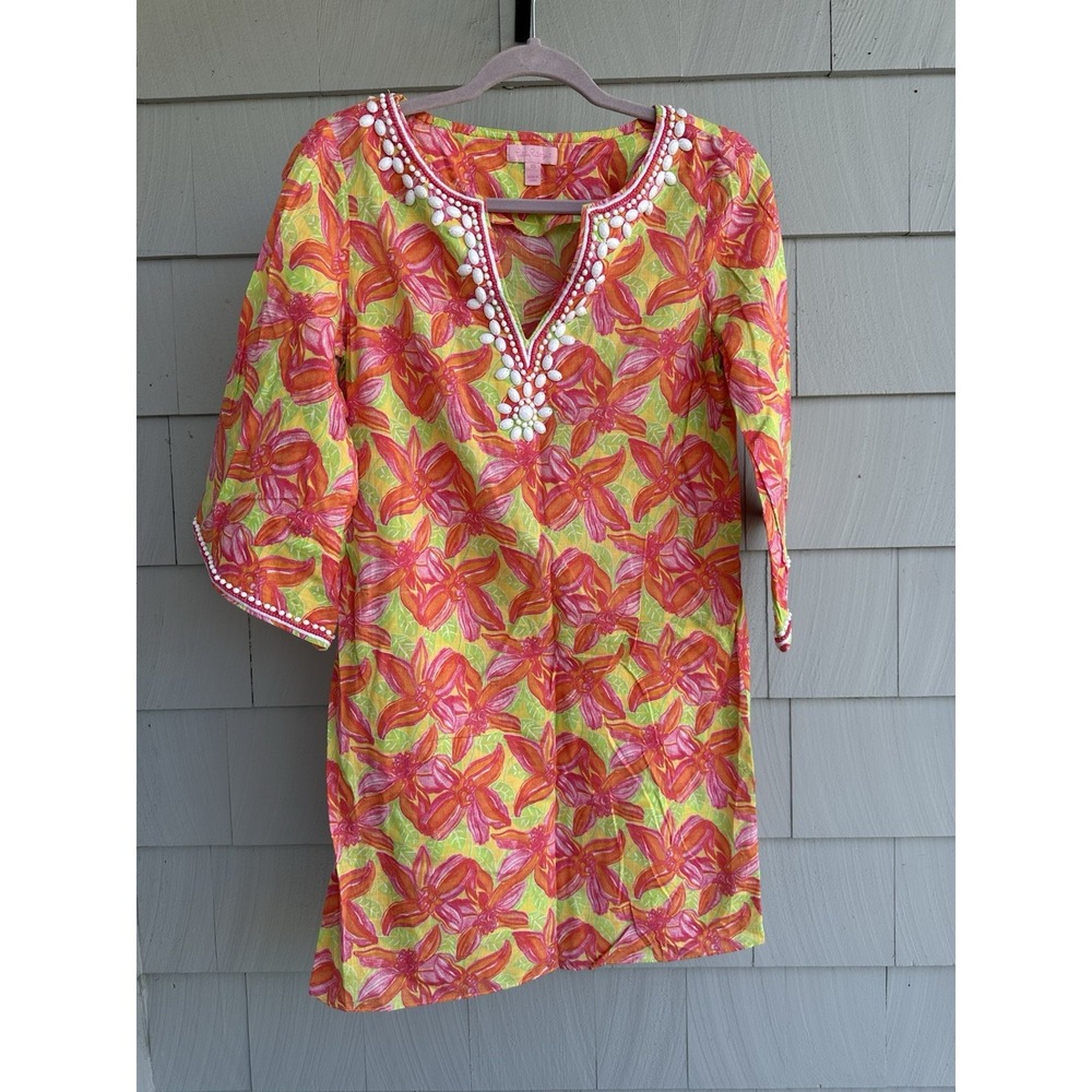 Lilly Pulitzer Cotton Dress w/ Beaded Neckline and Sleeves, Floral Pattern XS